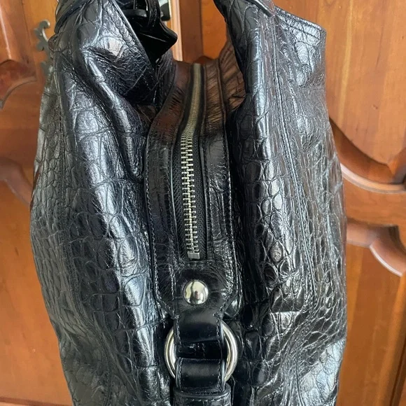 Coach Black Crocodile-Embossed Leather Shoulder Bag - Picture 6 of 7
